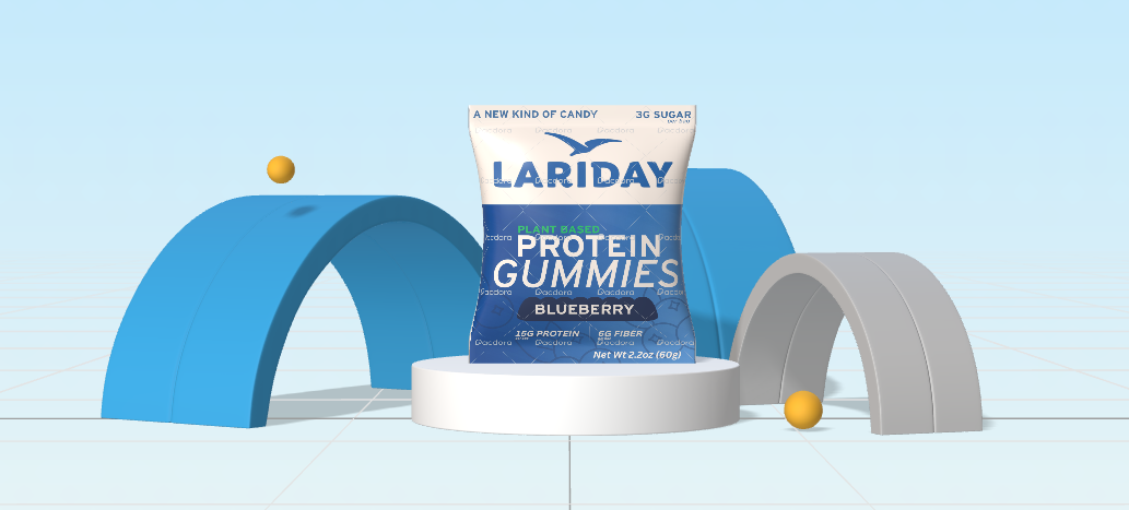 Lariday Protein Gummies packaging on a blue background with arches and balls.